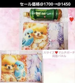 大サイズ♥️マルチポーチ♥️ポメラニアンとインコ×夢かわフェザー柄