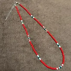 ビーズネックレス レッド ターコイズ メンズ レディース 40cm 3mmビーズ