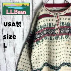 【L.L.Bean】エルエルビーン 総柄ニット メタルボタン USA製 ウール