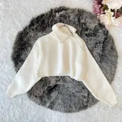 アシンメトリー襟 ニットトップス （F）アイボリー クロップド 冬物 レディース
