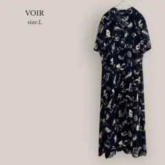 【VOIR】ロングシャツワンピース　半袖　総柄　マキシ丈　ペチコート付き　黒