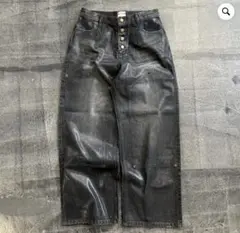 BADWAY ブラック ダメージワイドパンツ クラッシュダメージ加工リメイク風デニムワイドパンツ/ セレクト