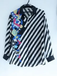 【美品】ストライプシャツ マルチカラー L 長袖 9号 柄シャツ 透け 古着
