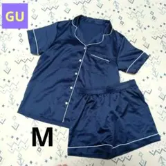 【GU】ネイビー サテン パジャマセット Mサイズ 半袖＆ショートパンツ