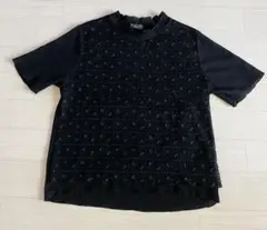 ブラック半袖 Tシャツ リブ編み フリル付き