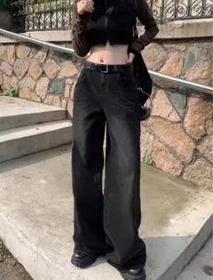 SHEIN ズボン ジーンズ ハイウエストジーンズ ワイドパンツ デニム