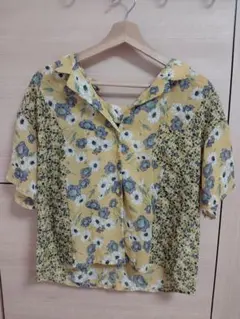 花柄 イエロー 半袖シャツ リボン付き