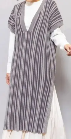 新品　ダークネイビー ストライプ ノースリーブ ニットワンピース