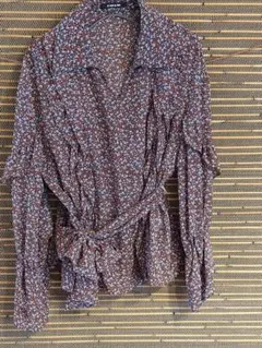 アズノウアズ⭐花柄シフォンブラウス⭐フレアリブ⭐フリル⭐茶系⭐F