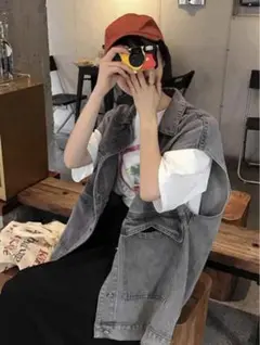 ウォッシュド ボタンフロント オーバーサイズ デニム ベスト SHEIN