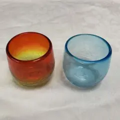 琉球ガラス　オレンジと青のグラス2個セット