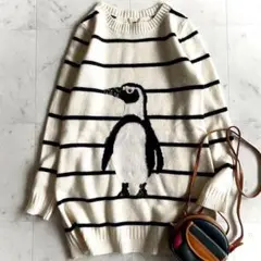 極美品♪ミュベール MUVEIL ペンギン柄 ボーダー ウールニット ホワイト
