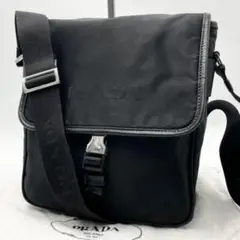 PRADA ロゴ刺繍 ショルダーバッグ シルバー金具 ブラック 斜め掛け