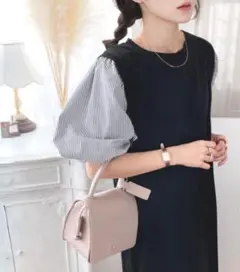 【新品•未使用】旬顔、ぽわん袖。異素材ドッキングワンピース　ブラック　M