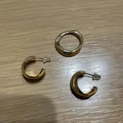 ゴールド3連フープピアス&リングセット