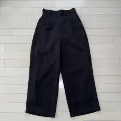 ブラック ワイド　パンツ ハイウエスト ボタン付き　後ろゴム　裏地付　真っ黒
