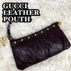 極美品 GUCCI シマレザー ポーチ GG柄 スタッズ クレスト チャーム 茶