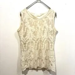 Bon Sens レース重ね　タンクトップ　アイボリー　刺繍レース　S