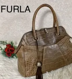 美品 FURLA レディースバッグ クロコ型押 ドーム型 茶 フリンジ大きめ