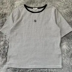 美品✨【COLZA】 ボーダー総柄 半袖リブTシャツ (M) 綿混 ワンポイント