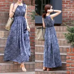 ノースリーブワンピース　花柄　ロング丈　春夏　上品　【Lサイズ】