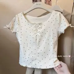 SHEIN ドット柄　トップス　リボン　半袖　Tシャツ　韓国　M アプリコット