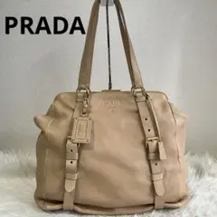 ✨PRADA✨ トートバッグ がま口 ベージュ レザー ロゴ A4