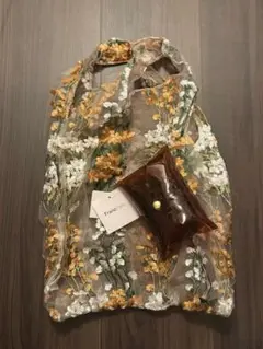 未使用 Francfranc 花柄刺繍オーガンジーバッグとポーチ