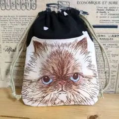 ハンドメイド　キャットフェイス① ポケット付き巾着　ブラック　ハート