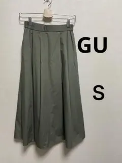 GUジーユー　タックフレアミディスカート　裏地付き　ウエスト後ろゴム　オリーブＳ