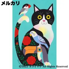 原画「ハチワレ猫と小鳥のポップアート　青緑」猫/文鳥/インコ/アート/絵画