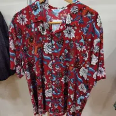 赤 花柄 半袖アロハシャツL