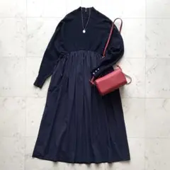 SHIPS シップス ドルマンギャザー コンビニットワンピース 紺 手洗い可