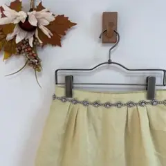 197【リランドチュール】ミニスカート レモン色 ビジュー 台形 古着 オシャレ