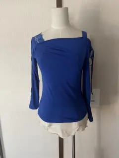 社交ダンス　レデース青いレッスンウェア（レース装飾付き）