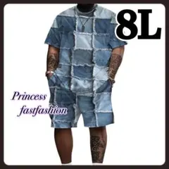 【8L】フェイクデニム プリント柄 半袖Tシャツ＆ショートパンツ 上下セット