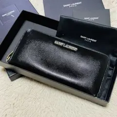 SAINT LAURENT 長財布 ラウンドファスナー エナメル ロゴ金具 黒