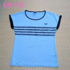 【美品】水色 ストライプ　ボーダー　 Tシャツ　Lサイズ