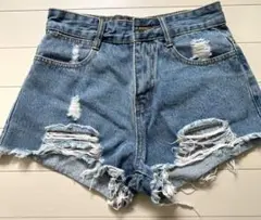 デニムショートパンツ ダメージ加工ライトブルー