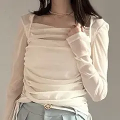 【新品タグ付き】FRAY I.D スクエアネックドレープチュールトップス WHT