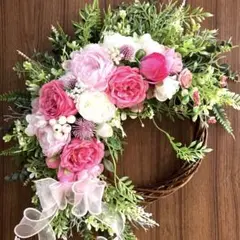 造花 玄関リース 濃いピンク・薄いピンク・ホワイトローズのハーフリース約40cm