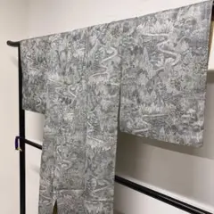 小紋　正絹　大島紬　風景模様　川　流水　植物　模様　着物　052t