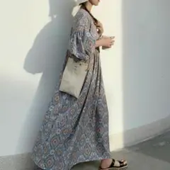 No Rule No Lineボリューム袖オリエンタル柄ワンピース　サイズF美品