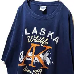 ギルダン アラスカワイルドライフAK ロゴ Tシャツ ネイビー紺色 XL古着