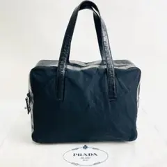 ●良品●プラダ ハンドバッグ クロコ型押し 三角ロゴプレート ナイロン ブラック