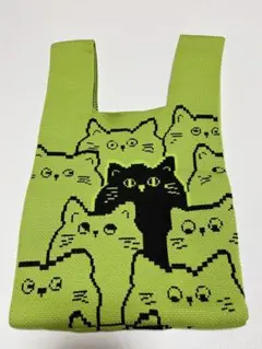 猫デザイン 緑色 ニットエコバッグ