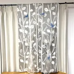 のれん 小鳥 葉っぱ ２枚 重ね シアー レース