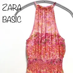 【ZARA BASIC】膝丈ワンピース　花柄　ノースリーブ　シフォン　ピンク　M