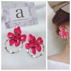 2289-4 2way シルバー☺︎レッドフラワーのピアス×フープ☺︎