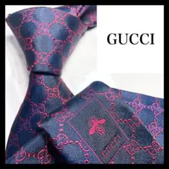 極美品‼️ネクタイ GUCCI 現行タグ GG柄 蜂 bee シルク100% 紺赤